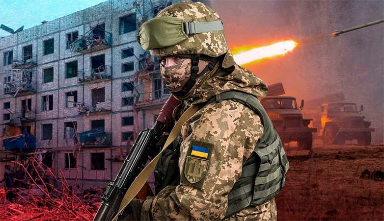 Солдат на тлі руйнувань